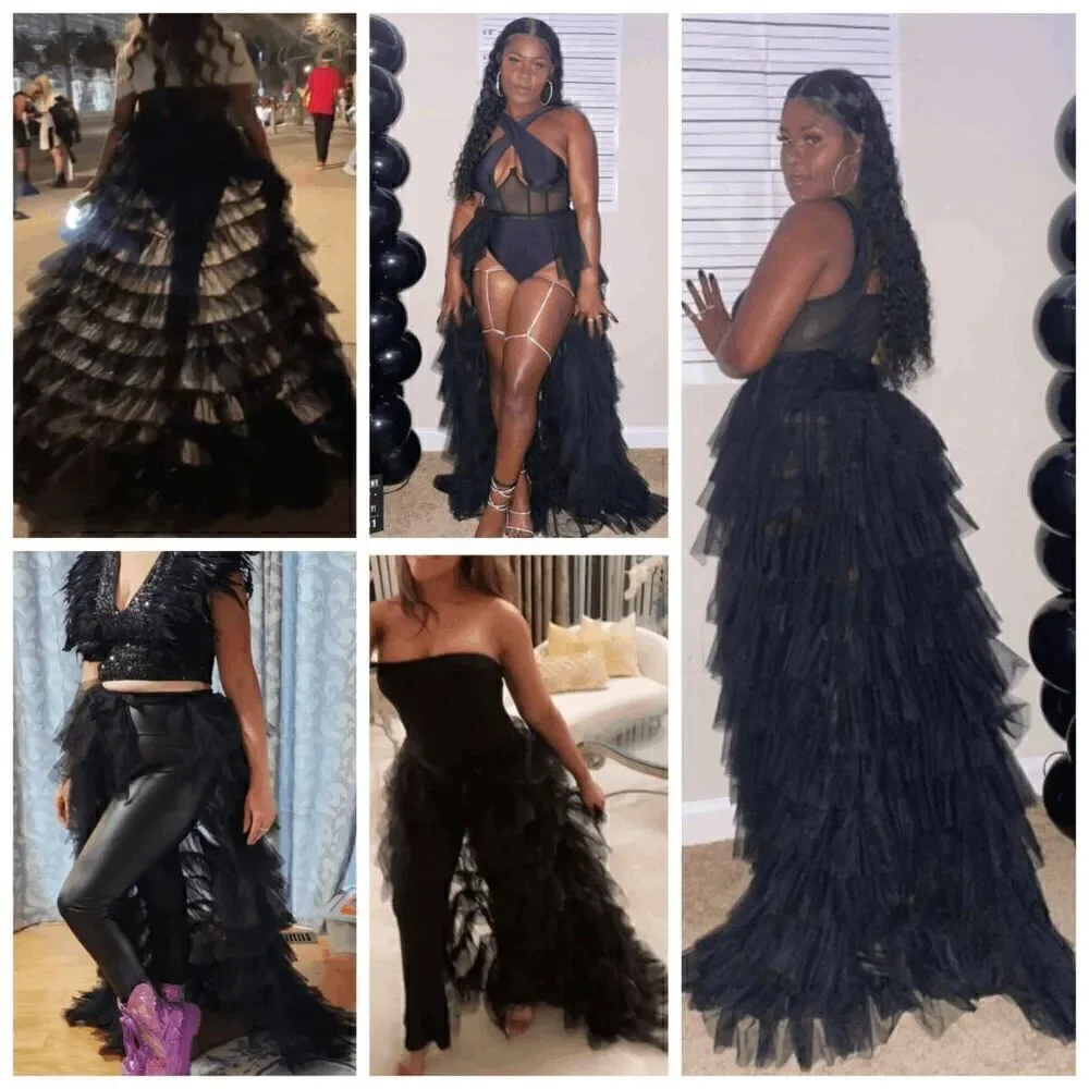 🖤 NEW Goth Tier Layered Tulle Mesh Petticoat Train Wrap Hi-Lo Black Open Skirt